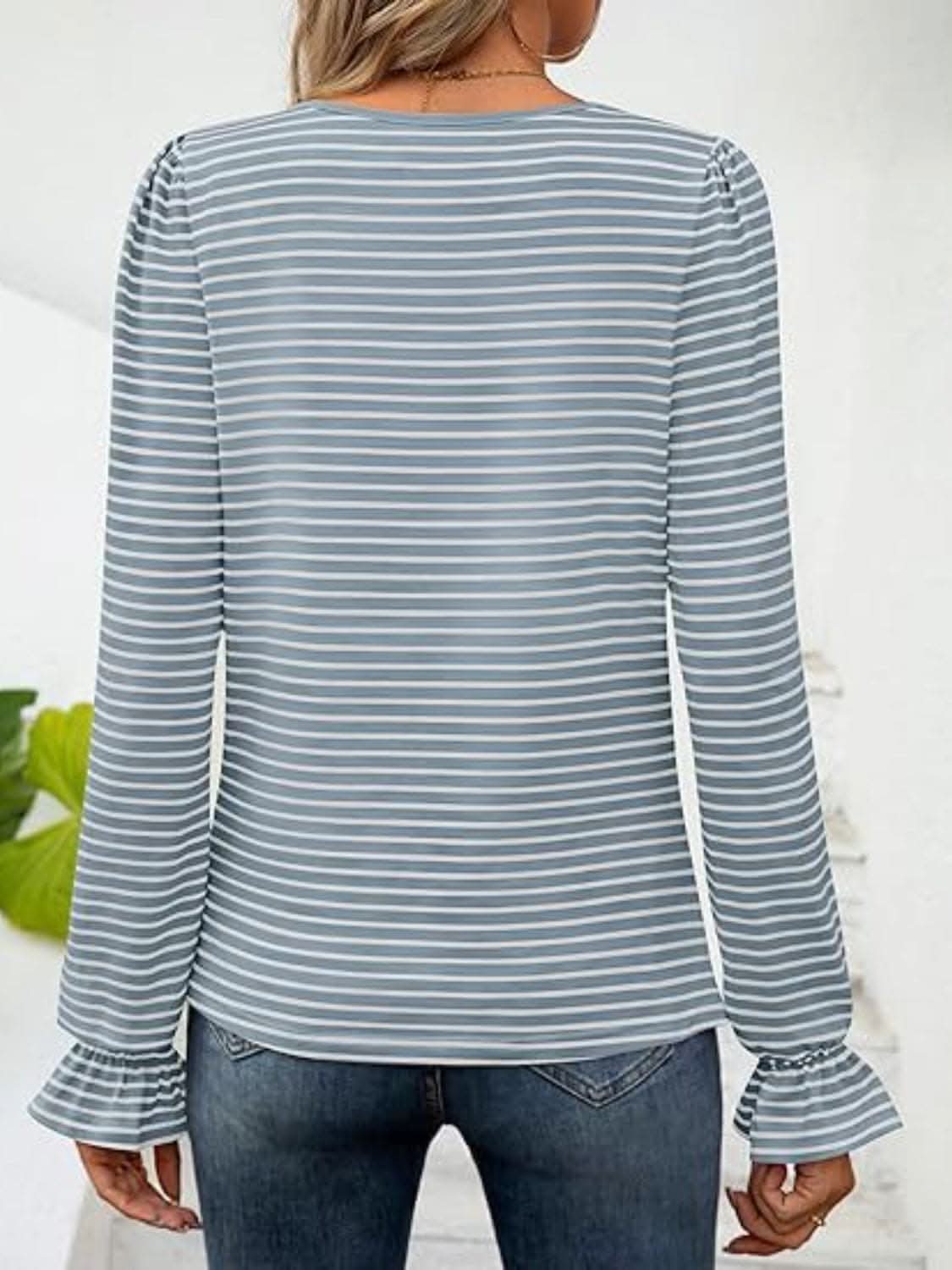 Chic striped flounce sleeve top - Love Salve